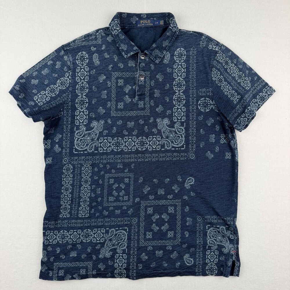 Polo Ralph Lauren Bandana Paisley Large Polo Shirt Indigo Blue Cotton Preppy